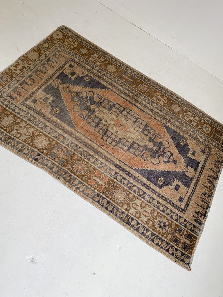 BROWN & NAVY HAND-KNOTTED LOW PILE TURKISH RUG, 4x6