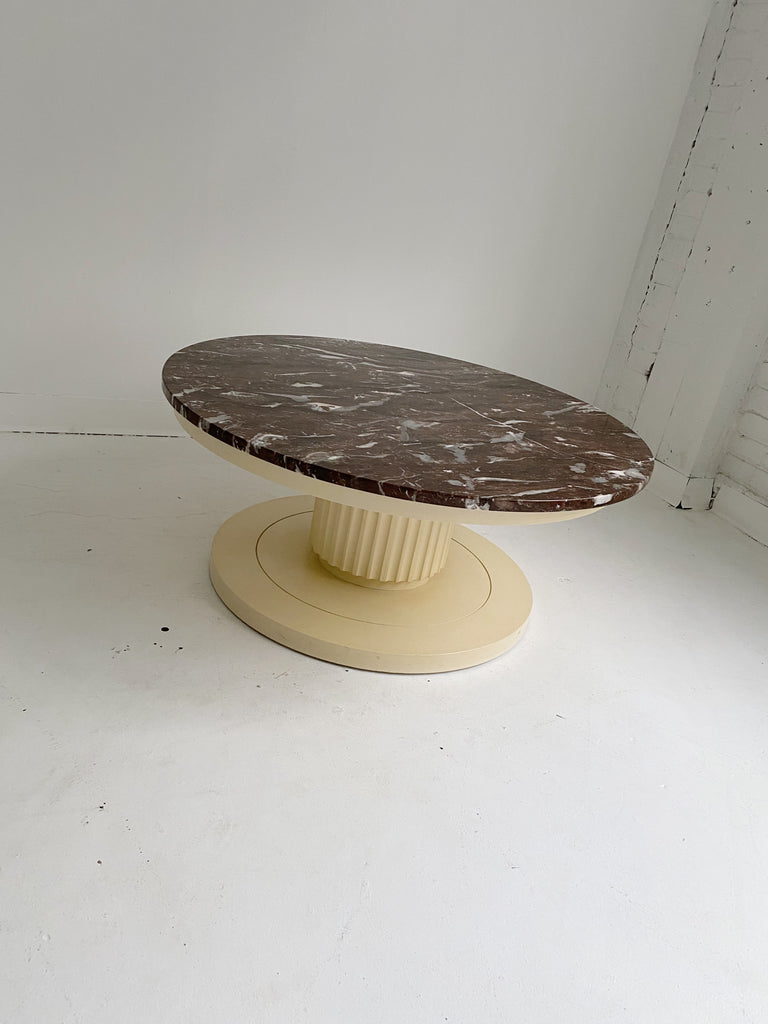 BROWN MARBLE COFFEE TABLE WITH PEDESTAL BASE