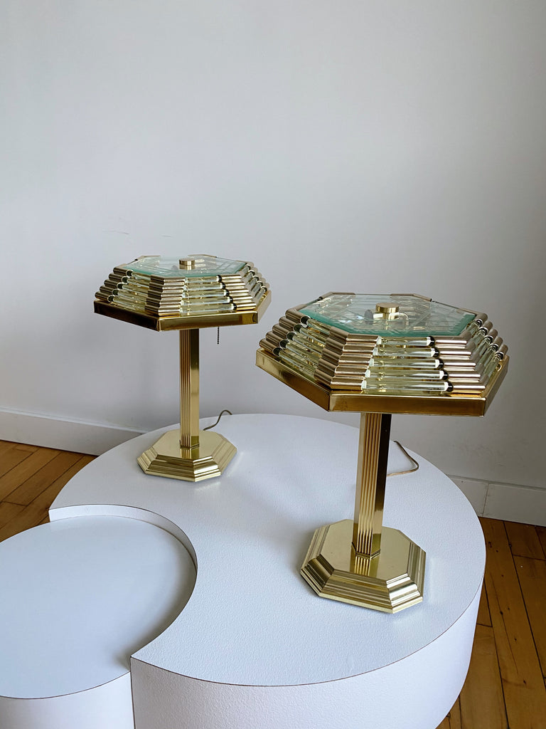 BAKALOWITS ART DECO BRASS & CRYSTAL TABLE LAMPS