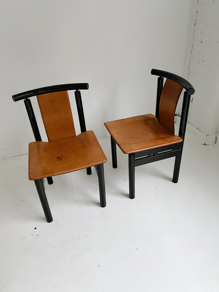ITALIAN TAN LEATHER & BLACK LACQUERED WOOD DINING CHAIRS