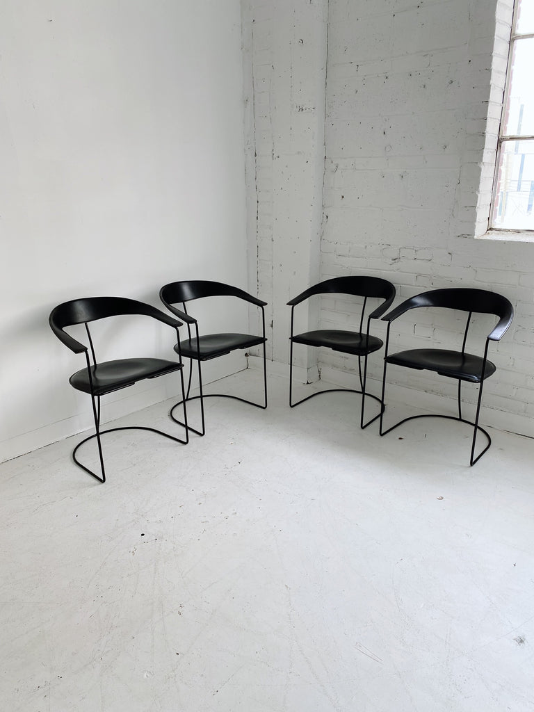 ARRBEN ITALY BLACK LEATHER DINING CHAIRS, SET OF 4, 80's