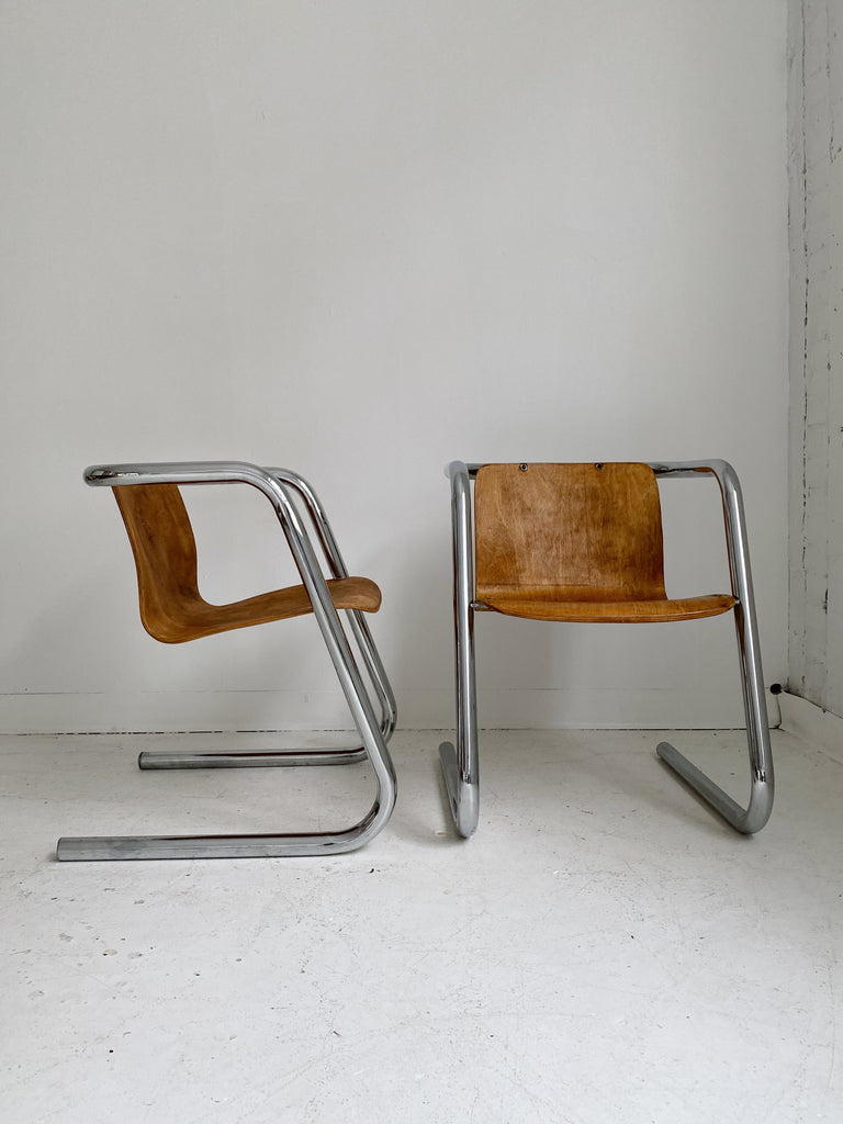 PLYWOOD CANTILEVER CHAIRS WITH TUBULAR CHROME FRAME, 70's