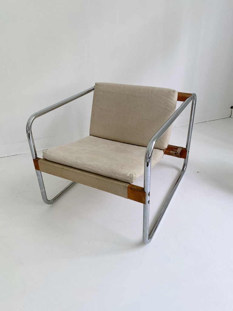 CHROME & WOOD HABITAT GARDEN CHAIRS BY MICHEL DALLAIRE, 70's