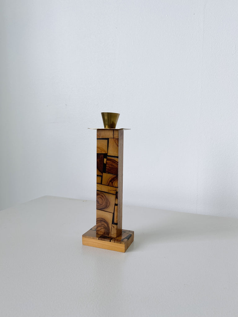 WOOD AND BRASS CANDLE HOLDER