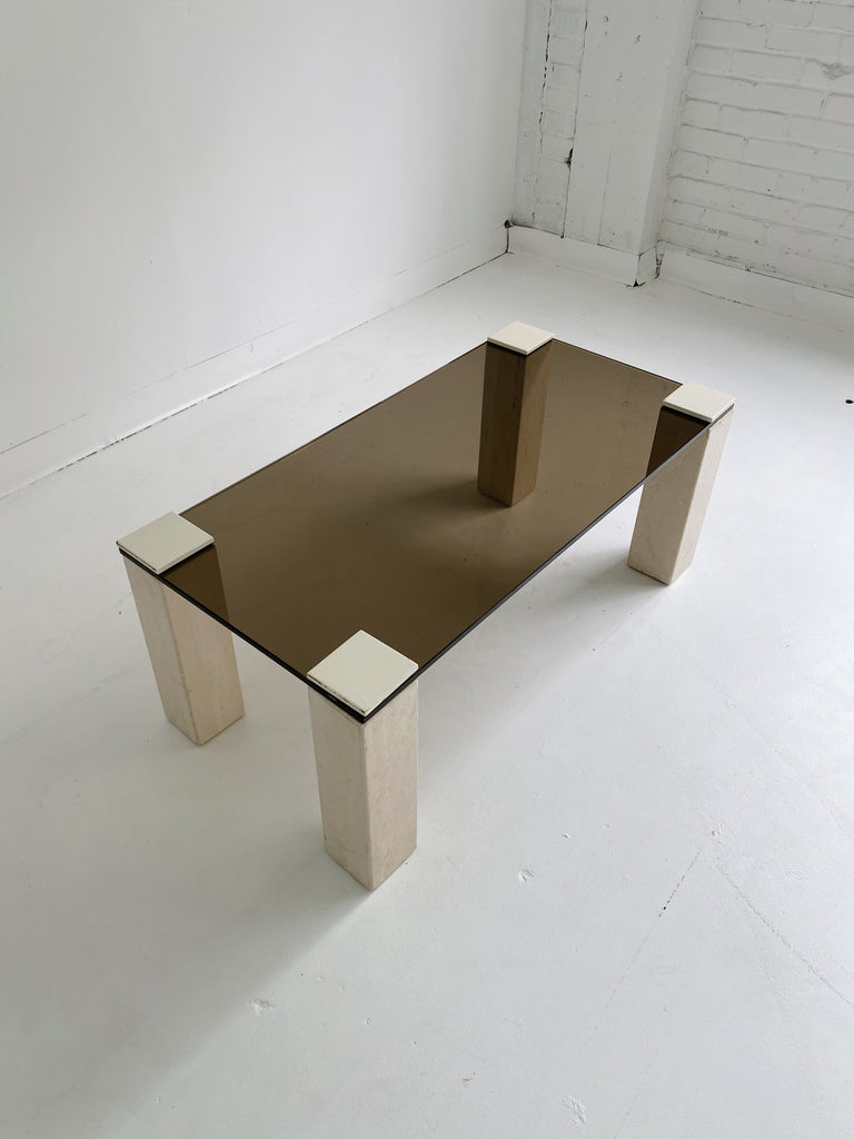 SMOKED GLASS COFFEE TABLE WITH MARBLE LEGS