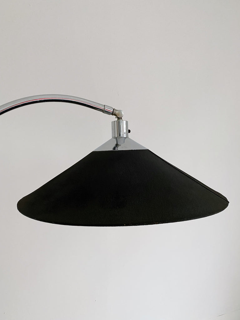 METAL ARC FLOOR LAMP WITH BLACK SAUCER SHADE, 70's