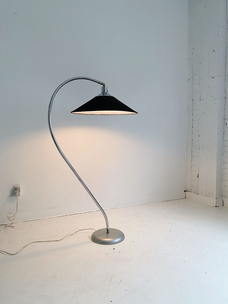 METAL ARC FLOOR LAMP WITH BLACK SAUCER SHADE, 70's
